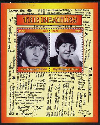 Chad 2015 The Beatles #1 perf sheetlet containing 2 values unmounted mint. Note this item is privately produced and is offered purely on its thematic appeal. .