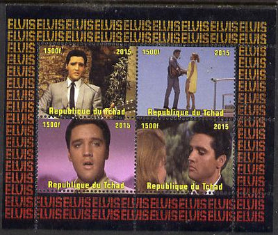 Chad 2015 Elvis Presley #4 perf sheetlet containing 4 values unmounted mint. Note this item is privately produced and is offered purely on its thematic appeal. .