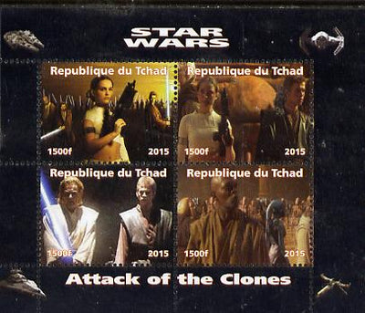 Chad 2015 Star Wars - Attack of the Clones perf sheetlet containing 4 values unmounted mint. Note this item is privately produced and is offered purely on its thematic appeal. .