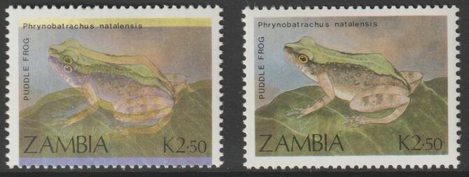 Zambia 1989 Puddle Frog 2k50 with superb misplacement of cyan & magenta giving two frogs complete with normal, both unmounted mint SG 568/var