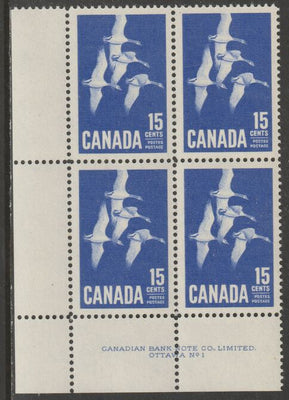 Canada 1963 Geese 15c imprint Plate block of 4 (Plate No. 1) from SW corner of sheet unmounted mint SG 539