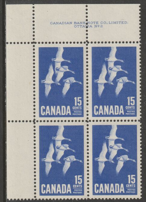 Canada 1963 Geese 15c imprint Plate block of 4 (Plate No. 2) from NW corner of sheet unmounted mint SG 539