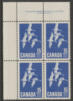 Canada 1963 Geese 15c imprint Plate block of 4 (Plate No. 2) from NW corner of sheet unmounted mint SG 539