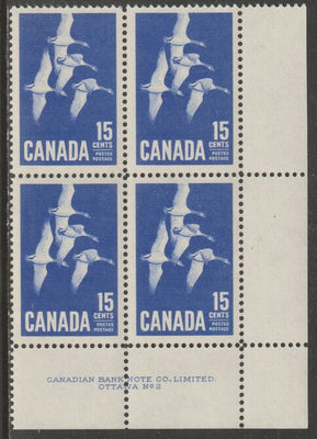 Canada 1963 Geese 15c imprint Plate block of 4 (Plate No. 2) from SE corner of sheet unmounted mint SG 539