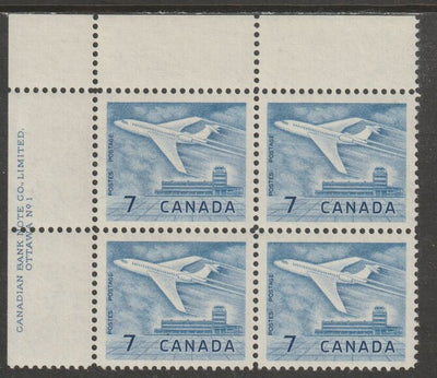 Canada 1964 Douglas DC-9 Aircraft 7c imprint Pate block of 4 (Plate No. 1) from NW corner of sheet unmounted mint SG 540