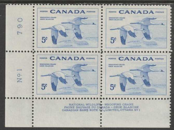 Canada 1955 Geese 5c imprint Plate block of 4 (Plate No. 1) from SW corner of sheet unmounted mint SG 479