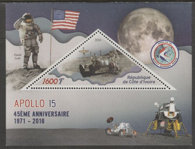 Ivory Coast 2016,45th Anniversary of Apollo 15 perf deluxe sheet containing one triangular value unmounted mint