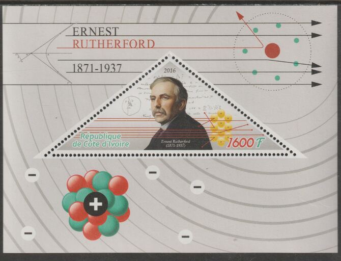 Ivory Coast 2016,Ernest Rutherford Commemoration perf deluxe sheet containing one triangular value unmounted mint