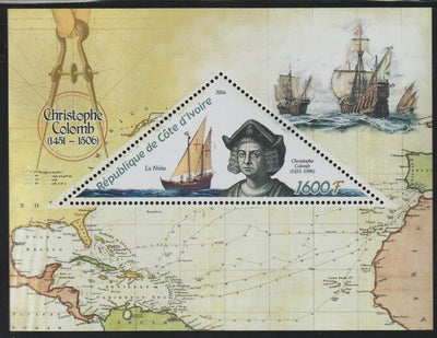 Ivory Coast 2016 Christopher Columbus perf deluxe sheet containing one triangular value unmounted mint