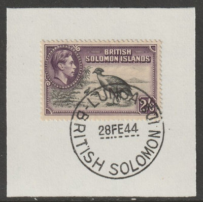 Solomon Islands 1939 KG6 Pictorial 2s6d on piece cancelled with full strike of Madame Joseph forged postmark type 97