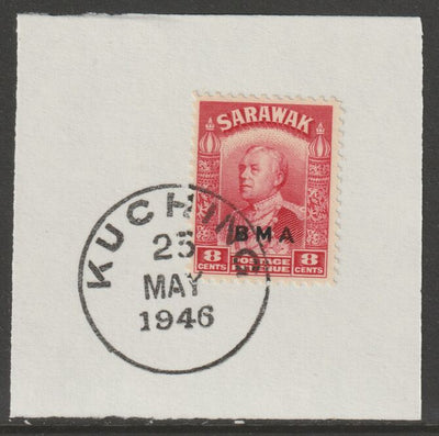 Sarawak 1945 BMA overprint on Sir Charles Brooke 8c on piece cancelled with full strike of Madame Joseph forged postmark type 378