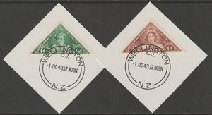 New Zealand 1943 Health - Princesses Triangular set of 2 (SG 636-37) on individual pieces each with full strike of Madame Joseph forged postmark type 290