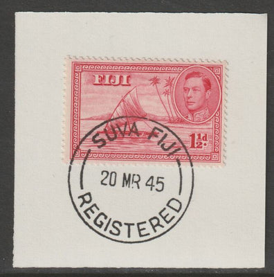 Fiji 1938-55 KG6 Pictorial 1.5d carmine (die I - empty canoe) on piece with full strike of Madame Joseph forged postmark type 167