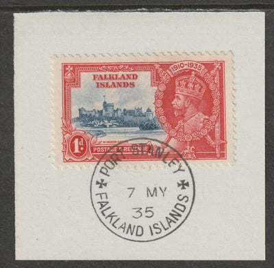 Falkland Islands 1935 KG5 Silver Jubilee 1d (SG 139) on piece with full strike of Madame Joseph forged postmark type 155 (Note the Broken Y but missing the,code letter 'dot'