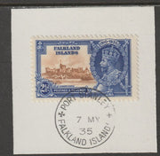 Falkland Islands 1935 KG5 Silver Jubilee 2.5d (SG 140) on piece with full strike of Madame Joseph forged postmark type 155 (Note the Broken Y but missing the,code letter 'dot'