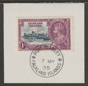 Falkland Islands 1935 KG5 Silver Jubilee 1s (SG 142) on piece with full strike of Madame Joseph forged postmark type 155 (Note the Broken Y but missing the,code letter 'dot'