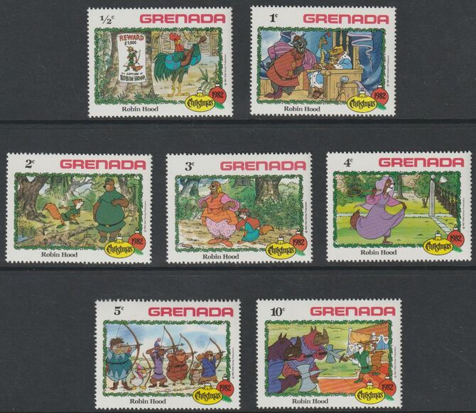 Grenada 1982 Christmas - Disney's Robin Hood short set of 7 values,to 10c unmounted mint, as SG 1222-28