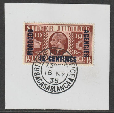 Morocco Agencies - French 1935 KG5 Silver Jubilee 15c on 1.5d on piece with full strike of Madame Joseph forged postmark type 85