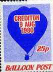 Great Britain 1980 Balloon Post 25p perf label inscribed 'Crediton 9 Aug 1980' (blocks & gutter pairs pro rata)