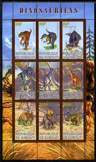 Djibouti 2010 Dinosaurs perf sheetlet containing 9 values unmounted mint