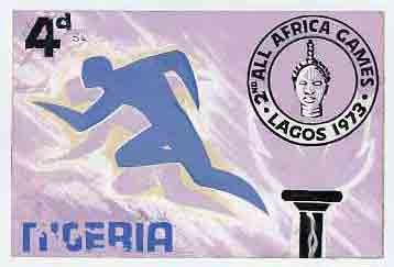 Nigeria 1973 Second All Africa Games - original hand-painted artwork for 4d value showing Athlete as issued stamp (produced prior to the currency change) by unknown artist on card size 9.5