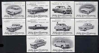 Match Box Labels - complete set of 10 Ford Cars, superb unused condition (Belgian)
