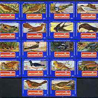 Match Box Labels - complete set of 18 Birds very fine unused condition (Cornish Match Motoross series)