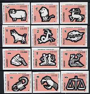 Match Box Labels - complete set of 12 Signs of the Zodiac (set 1 - salmon background) superb unused condition (Portuguese)