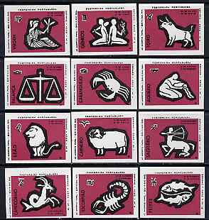 Match Box Labels - complete set of 12 Signs of the Zodiac (set 5 - magenta background) superb unused condition (Portuguese)