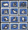 Match Box Labels - complete set of 12 Signs of the Zodiac (set 6 - pale blue background) superb unused condition (Portuguese)