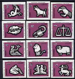 Match Box Labels - complete set of 12 Signs of the Zodiac (set 7 - purple background) superb unused condition (Portuguese)