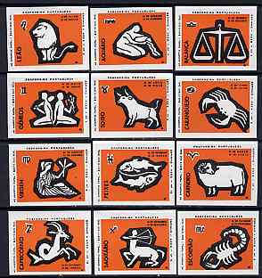 Match Box Labels - complete set of 12 Signs of the Zodiac (set 9 - orange background) superb unused condition (Portuguese)