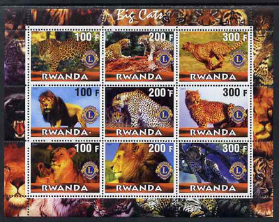 Rwanda 2000 Big Cats perf sheetlet containing complete set of 9 values each with Lions Int Logo unmounted mint