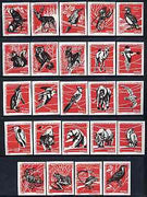 Match Box Labels - complete set of 24 Wildlife (Birds, Animals & Marine Life - set 5 - red background) fine unused condition (Portuguese)