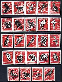 Match Box Labels - complete set of 24 Wildlife (Birds, Animals & Marine Life - set 5 - red background) fine unused condition (Portuguese)