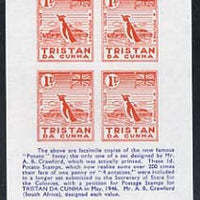 Tristan da Cunha - reprint sheetlet containing block of 4 'Potato' essays (1d value = 4 potatoes featuring a penguin) with historical text unmounted mint
