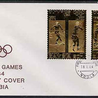 Zambia 1984 Los Angeles Olympic Games two values each embossed on gold foil on cover with first day cancel (sports are Figure Skating, Javelin, Ice Hockey & Basketball)