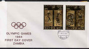 Zambia 1984 Los Angeles Olympic Games two values each embossed on gold foil on cover with first day cancel (sports are Figure Skating, Javelin, Ice Hockey & Basketball)