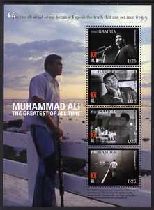 Gambia 2008 Muhammad Ali perf sheetlet of 4 - They're all afraid of me because I speak the truth that can set men free, unmounted mint, SG 5207a