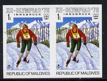 Maldive Islands 1976 Winter Olympics 1l (Cross Country Skiing) unmounted mint imperf pair (as SG 624)