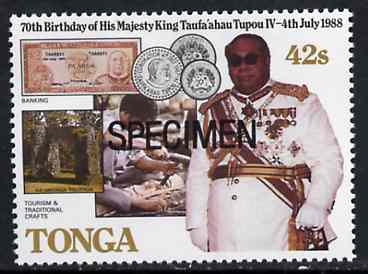 Tonga 1988 King's 70th Birthday 42s opt'd SPECIMEN (showing Coins, Bank Note, Tourism & Crafts) as SG 986 unmounted mint