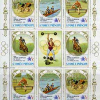 St Thomas & Prince Islands 1983 Olympic Games sheetlet containing 2 each of Cycling, Rowing, Hurdling & Show Jumping plus label showing weightlifting, unmounted mint, Mi 873-76