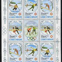 St Thomas & Prince Islands 1983 Olympic Games sheetlet containing 2 each of Downhill Skiing, Ski Jump, Speed Skating & Figure Skating plus label showing Ice Hockey, Mi 869-72 unmounted mint