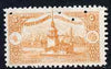 Turkey 1920 Leander's Tower 5para orange-brown with four-hole diamond security specimen punch from the single file-copy sheet of 100 from the Bradbury Wilkinson sample book.,The original sheet was carefully removed preserving some……Details Below