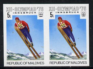 Maldive Islands 1976 Winter Olympics 5l (Ski Jumping) unmounted mint imperf pair (as SG 628)