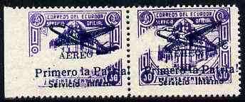 Ecuador 1930s Servicio Interno opt on 30c violet unissued Official stamp without gum with ! instead of full stop after Patria horiz pair with very large white flaw affecting both stamps