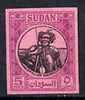 Sudan 1951-61 Shilluk Warrior 5m imperf proof on pink ungummed paper ex De La Rue archives, as SG 127