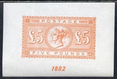 Great Britain 1882 QV £5 orange fine facsimile imperf on gummed paper (as SG 133/137) unmounted mint