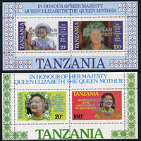 Tanzania 1985 Life & Times of HM Queen Mother perf proof set of 2 m/sheets each with 'Caribbean Royal Visit 1985' opt in silver (unissued) unmounted mint