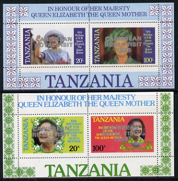 Tanzania 1985 Life & Times of HM Queen Mother perf proof set of 2 m/sheets each with 'Caribbean Royal Visit 1985' opt in silver (unissued) unmounted mint